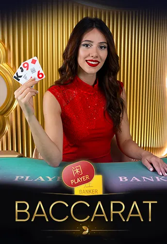 baccarat-html-tablegames (1) Female baccarat dealer in red dress at casino table.