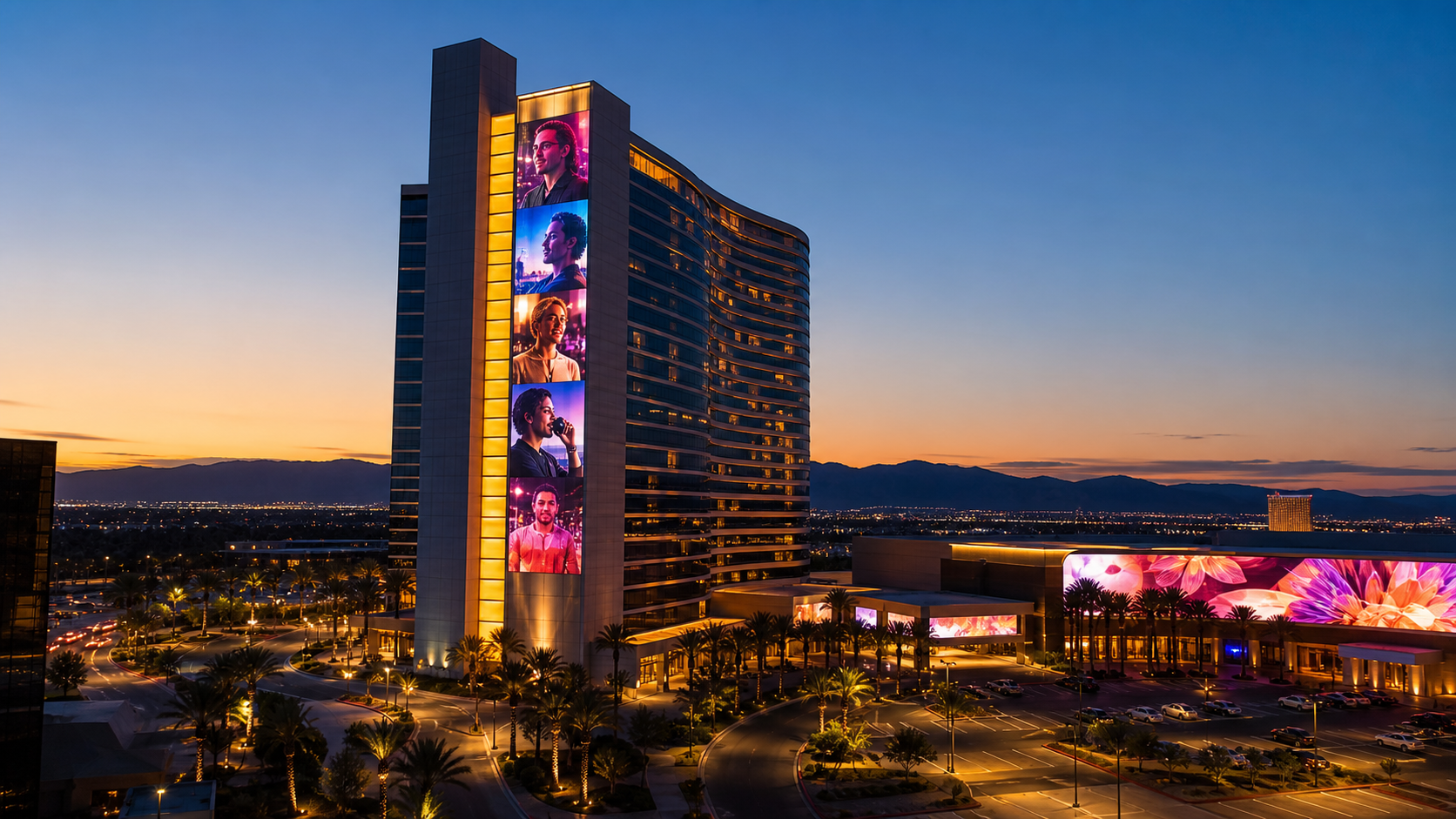 Las Vegas resort tower with an abstract guest-photo activation