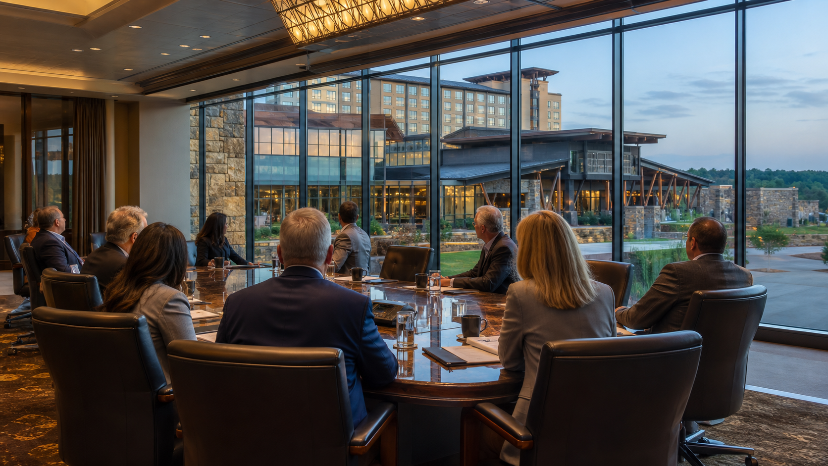 Executive leadership meeting in a Mississippi casino resort boardroom