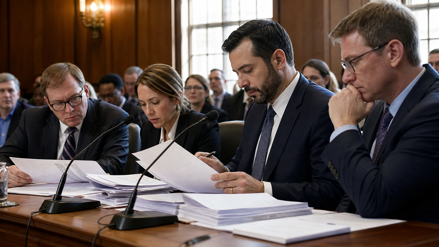 Policy hearing table with event contract documents and market charts
