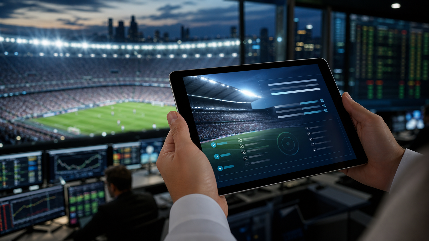 Sports event contract data on a tablet beside a professional stadium