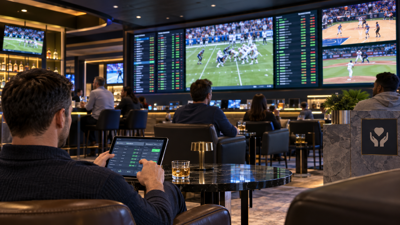 Editorial illustration of sportsbook product features, parlays, and responsible wagering