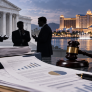 Editorial illustration of an international casino investor dispute and legal filings