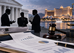 Editorial illustration of an international casino investor dispute and legal filings