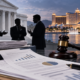Editorial illustration of an international casino investor dispute and legal filings