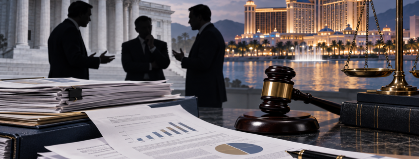Editorial illustration of an international casino investor dispute and legal filings