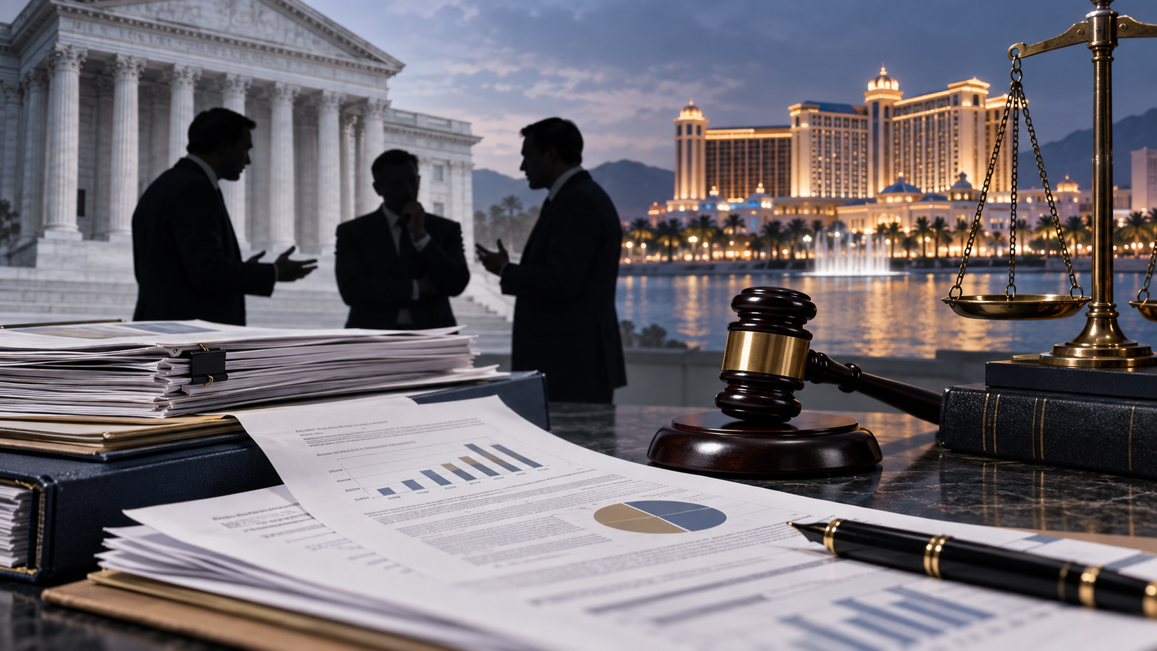Editorial illustration of an international casino investor dispute and legal filings