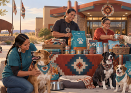 Editorial illustration of a tribal casino donation drive supporting local animals
