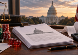 Editorial illustration of US gambling tax policy, a House committee document, and receipts