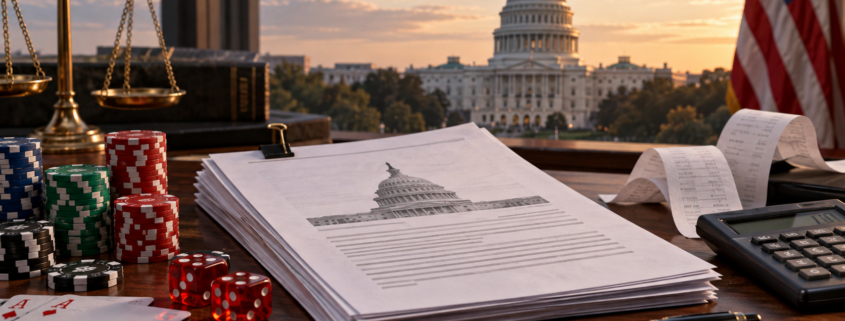 Editorial illustration of US gambling tax policy, a House committee document, and receipts