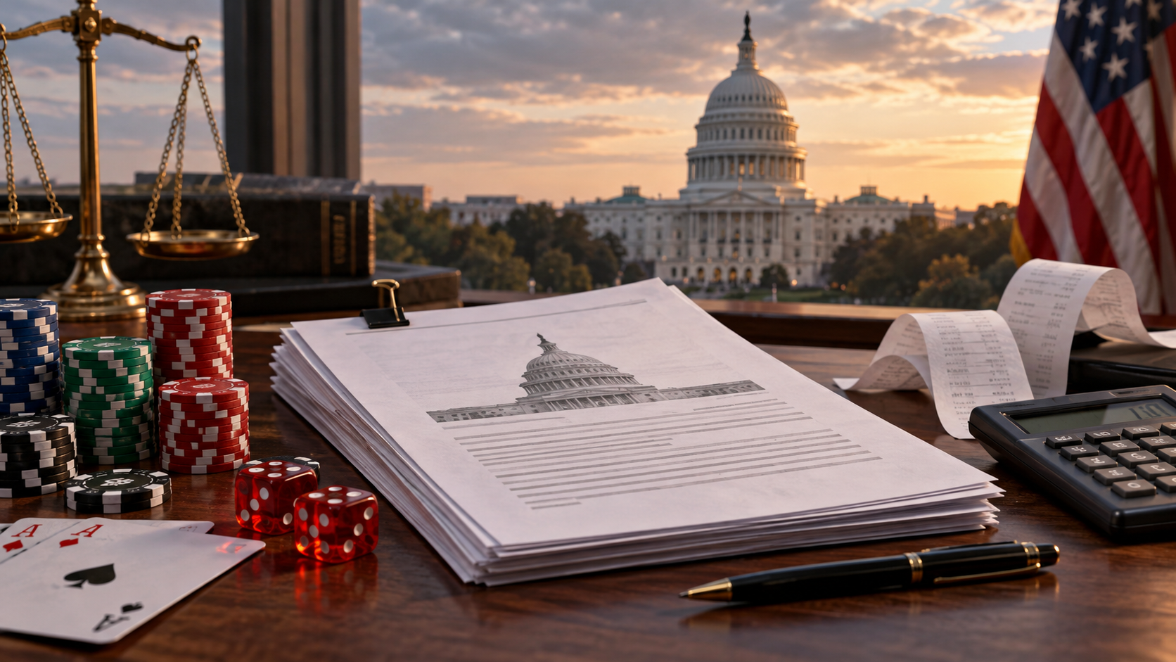 Editorial illustration of US gambling tax policy, a House committee document, and receipts