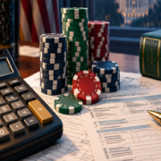 Editorial illustration of gambling loss deduction policy, IRS documents, and a calculator