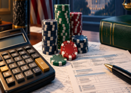 Editorial illustration of gambling loss deduction policy, IRS documents, and a calculator