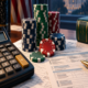 Editorial illustration of gambling loss deduction policy, IRS documents, and a calculator