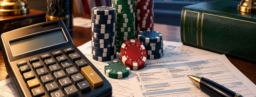 Editorial illustration of gambling loss deduction policy, IRS documents, and a calculator