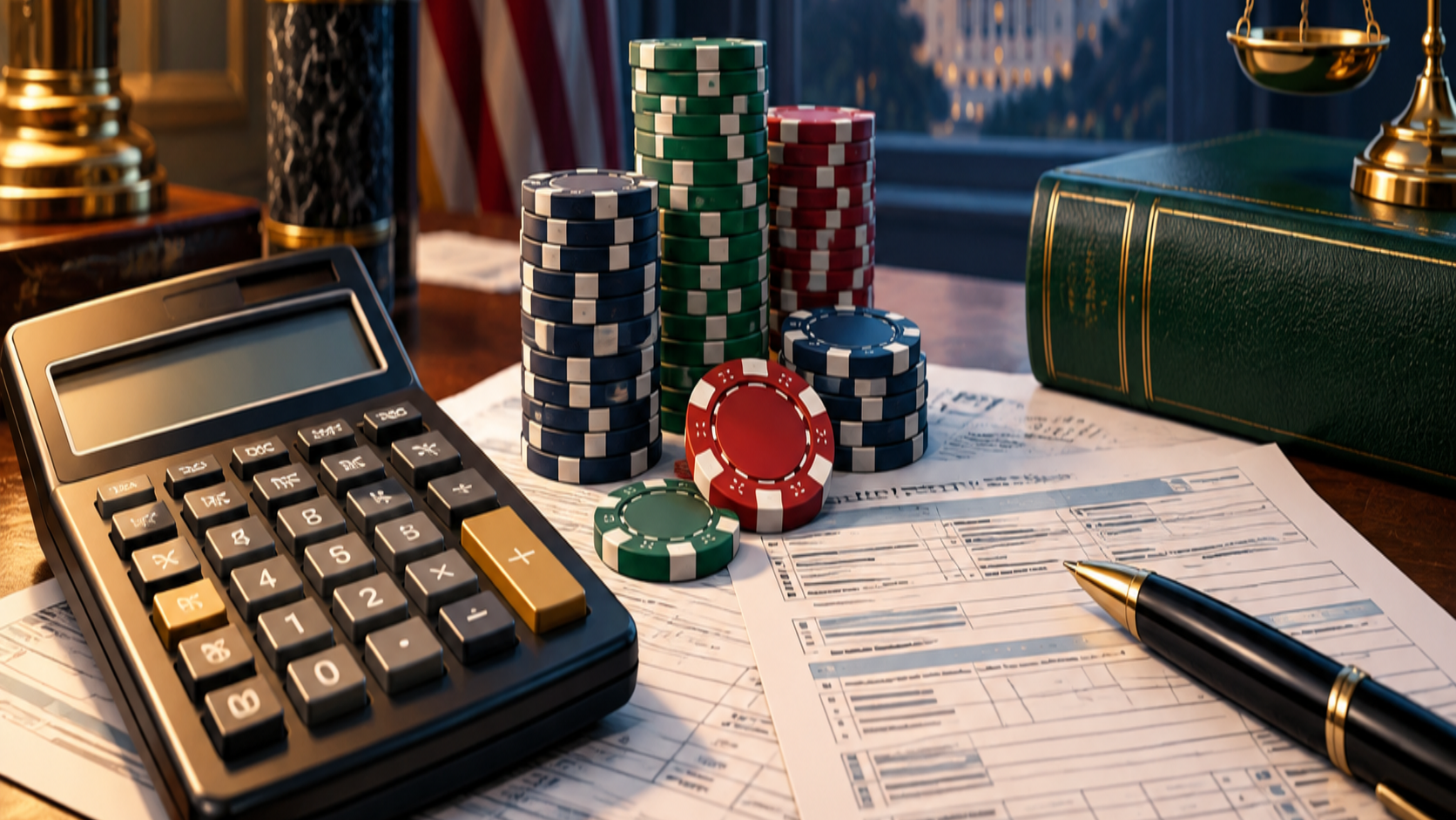 Editorial illustration of gambling loss deduction policy, IRS documents, and a calculator