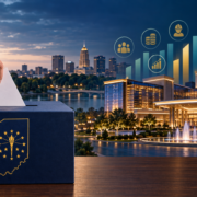 Editorial illustration of an Indiana casino referendum, campaign economic claims, ballots, and a proposed casino resort