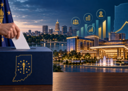Editorial illustration of an Indiana casino referendum, campaign economic claims, ballots, and a proposed casino resort