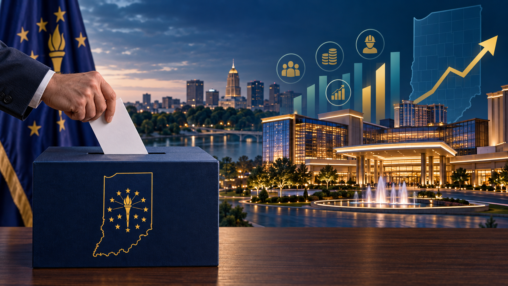 Editorial illustration of an Indiana casino referendum, campaign economic claims, ballots, and a proposed casino resort