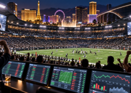 Editorial illustration of a Las Vegas sportsbook board and NFL betting market