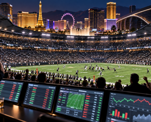 Editorial illustration of a Las Vegas sportsbook board and NFL betting market