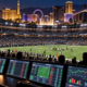 Editorial illustration of a Las Vegas sportsbook board and NFL betting market