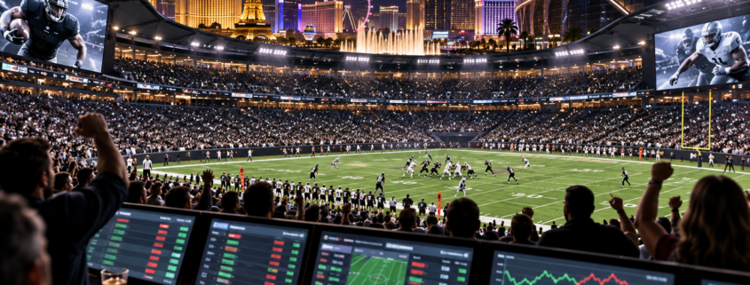 Editorial illustration of a Las Vegas sportsbook board and NFL betting market