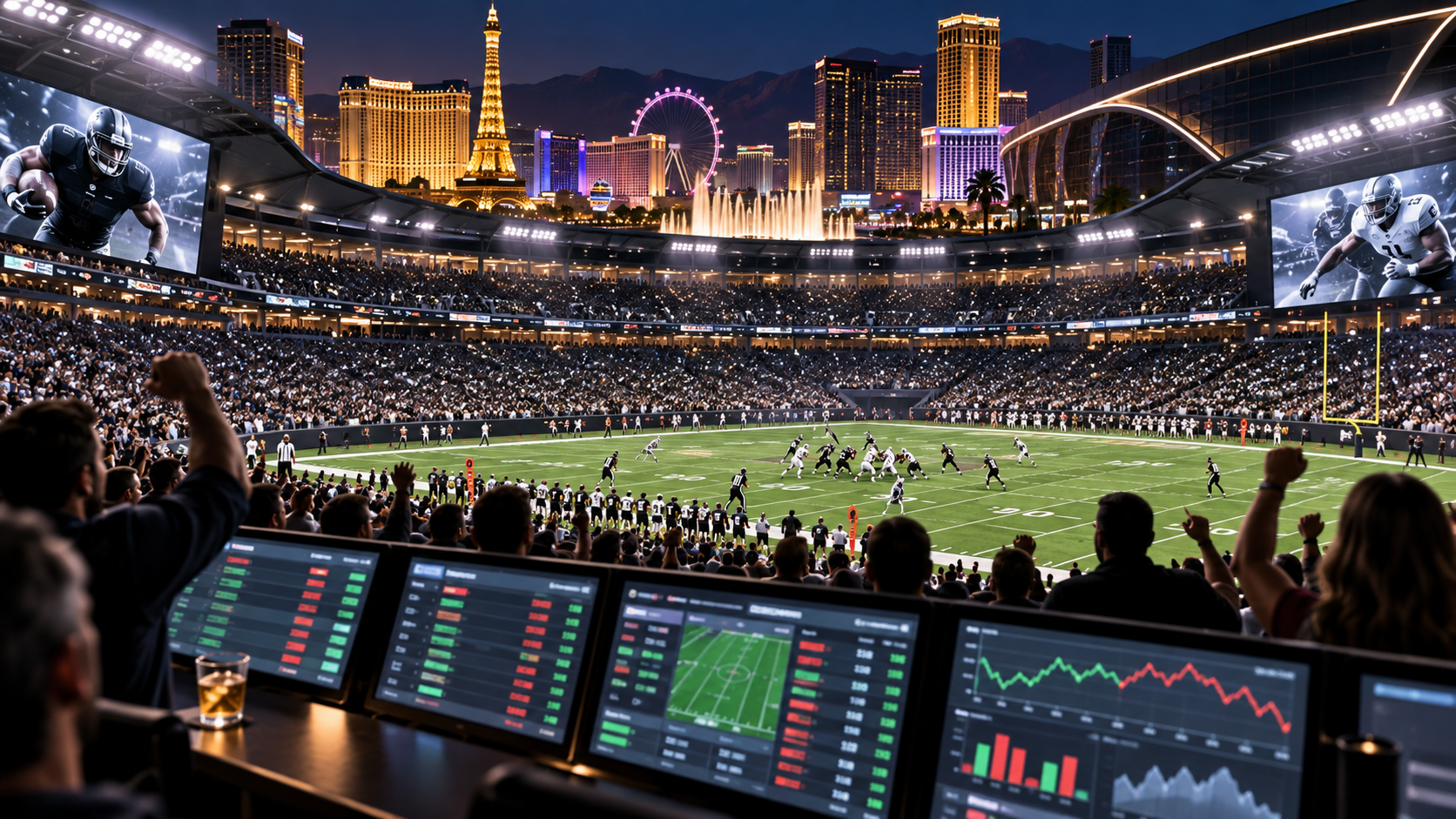 Editorial illustration of a Las Vegas sportsbook board and NFL betting market