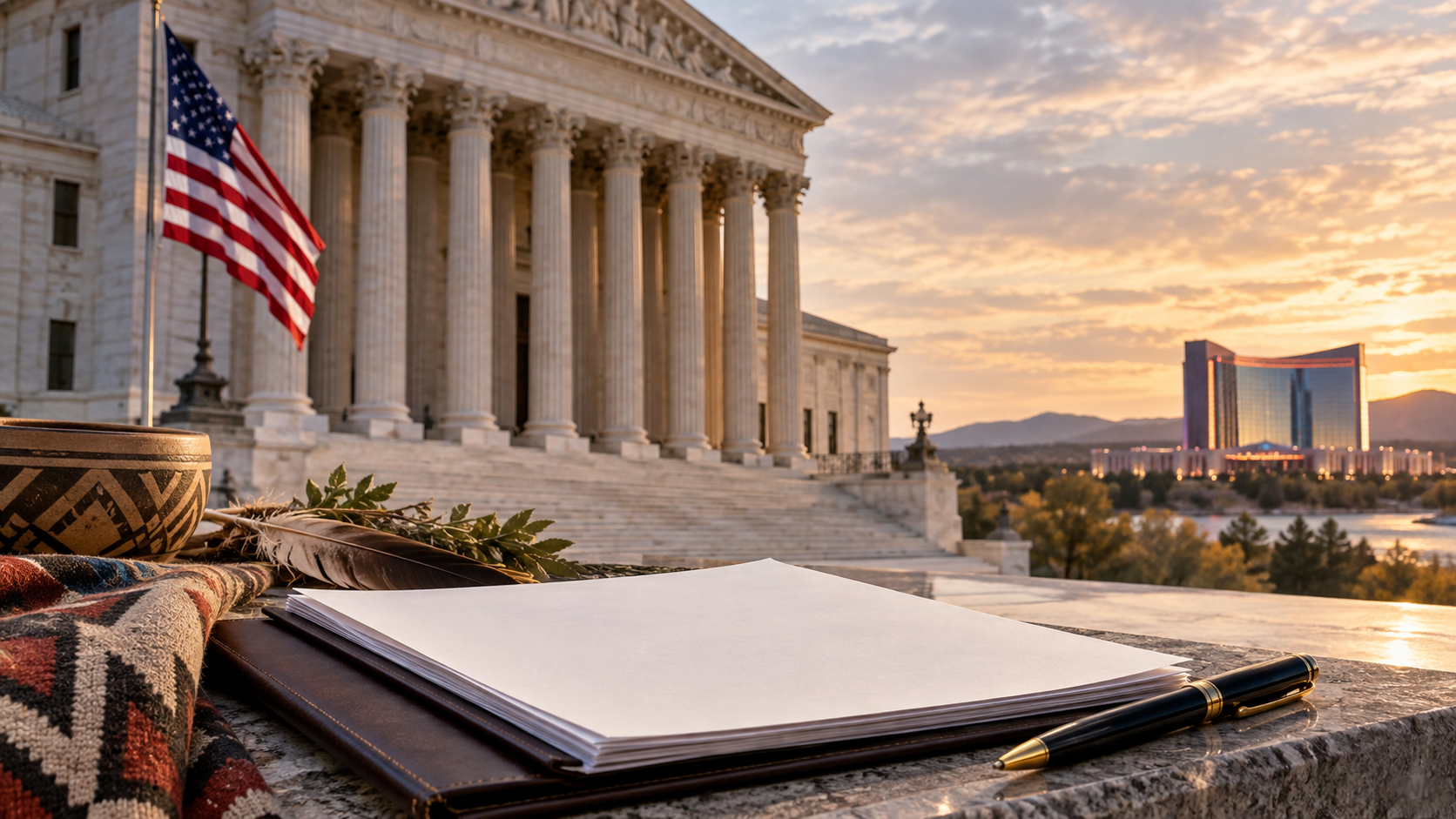 Editorial illustration of tribal sovereignty, a federal appeals court, and American Indian gaming policy