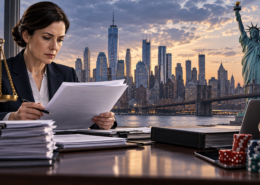 Editorial illustration of New York sweepstakes-casino compliance documents and regulatory review