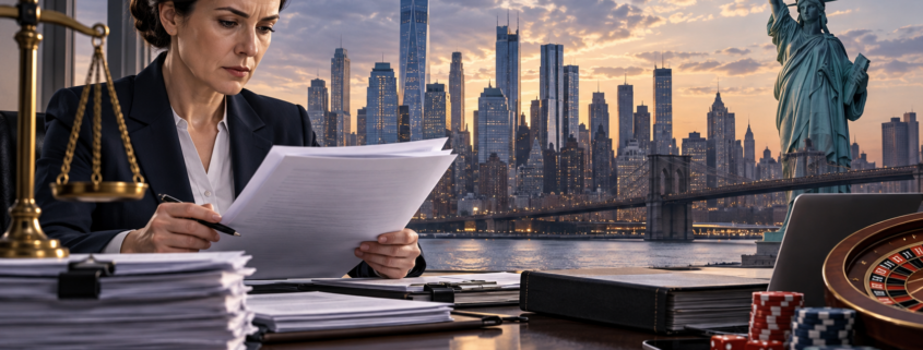Editorial illustration of New York sweepstakes-casino compliance documents and regulatory review