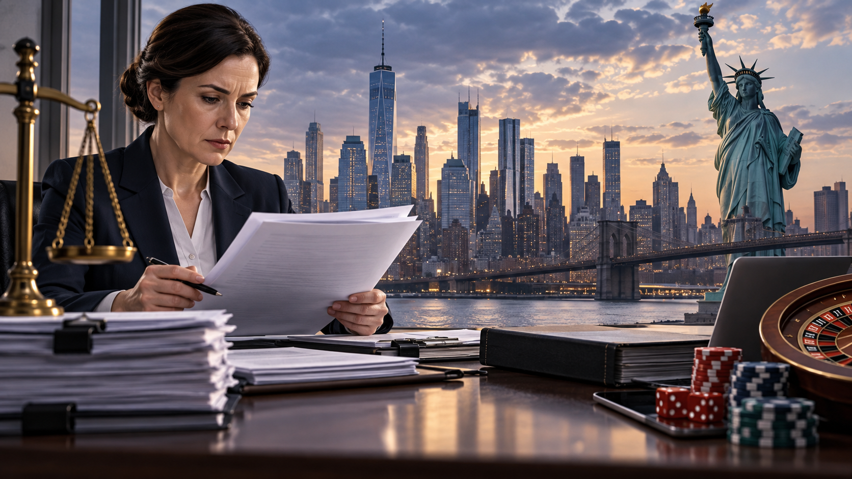 Editorial illustration of New York sweepstakes-casino compliance documents and regulatory review