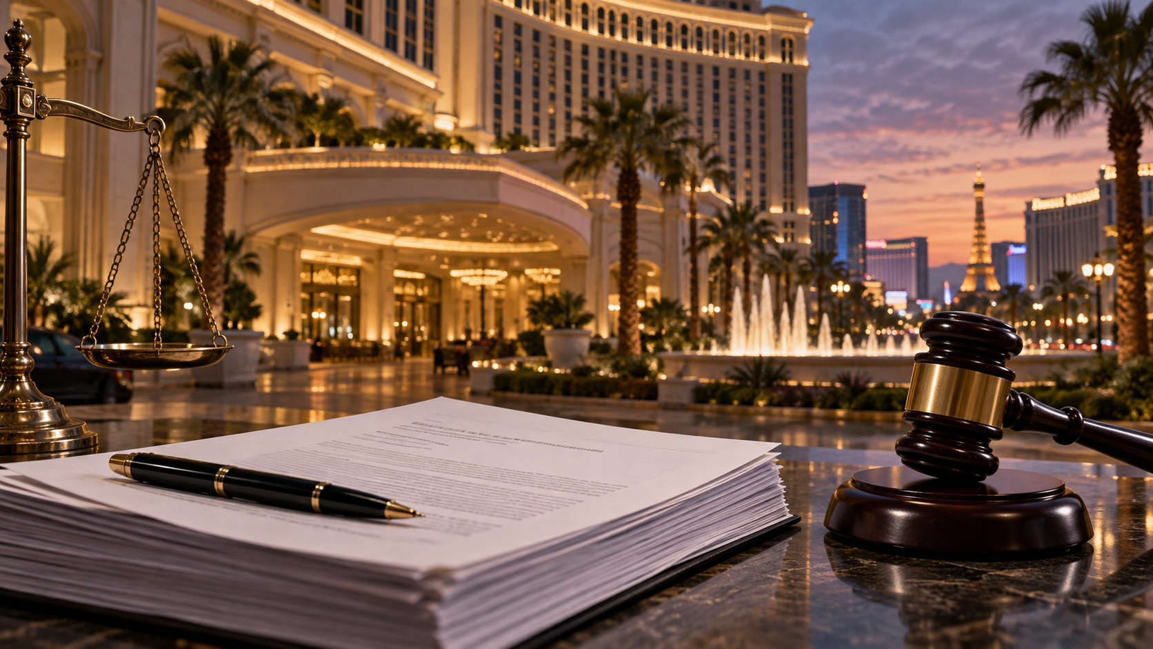 Editorial illustration of a Las Vegas resort guest-safety lawsuit