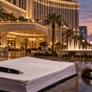 Editorial illustration of a Las Vegas resort guest-safety lawsuit