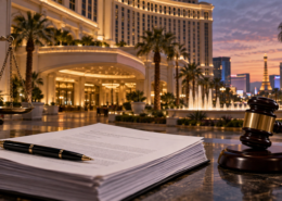 Editorial illustration of a Las Vegas resort guest-safety lawsuit