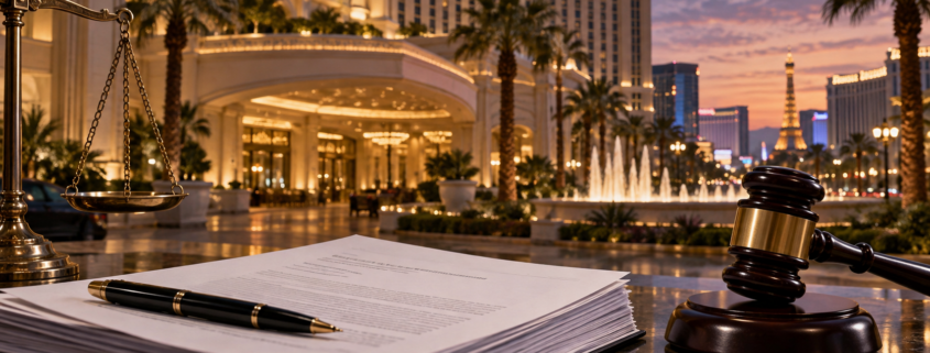 Editorial illustration of a Las Vegas resort guest-safety lawsuit