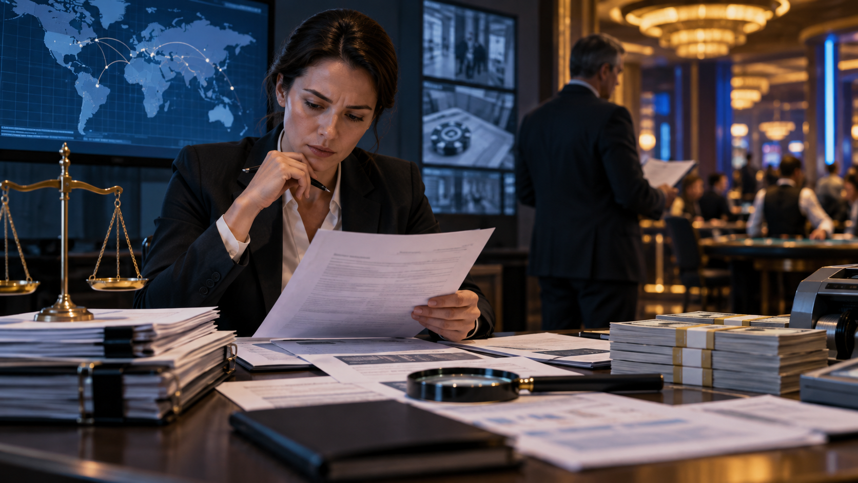 Editorial illustration of casino compliance, suspicious-activity review, and financial crime prevention