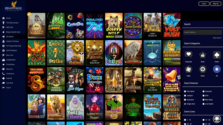 Grand Eagle’s desktop game lobby, shown in Chipy’s review gallery.