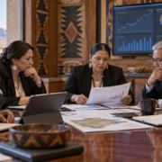 Editorial illustration of tribal gaming regulators reviewing prediction markets