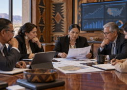 Editorial illustration of tribal gaming regulators reviewing prediction markets