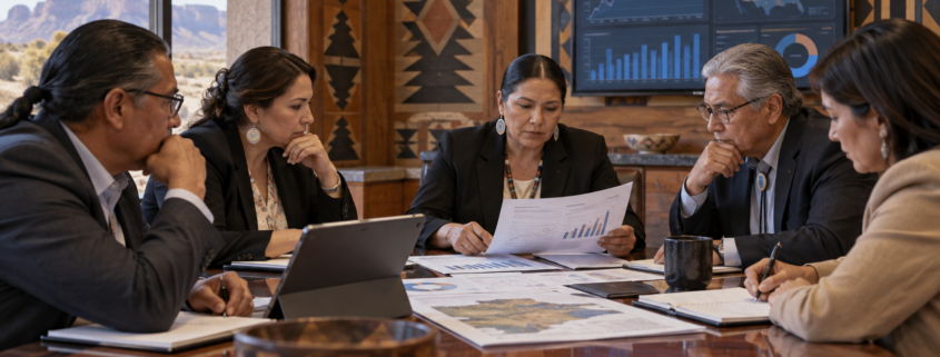 Editorial illustration of tribal gaming regulators reviewing prediction markets