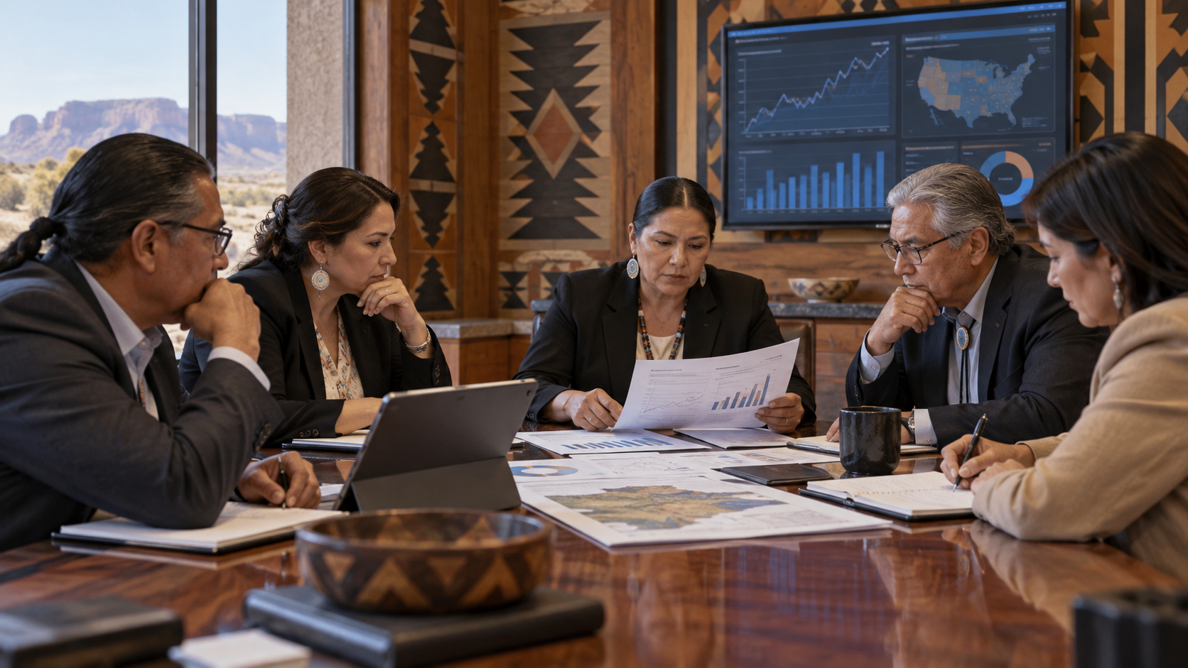 Editorial illustration of tribal gaming regulators reviewing prediction markets
