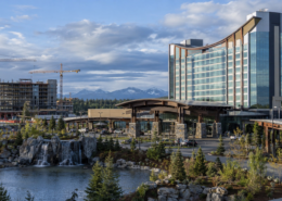 Editorial illustration of a tribal casino expansion in Washington, construction plans, and a resort property