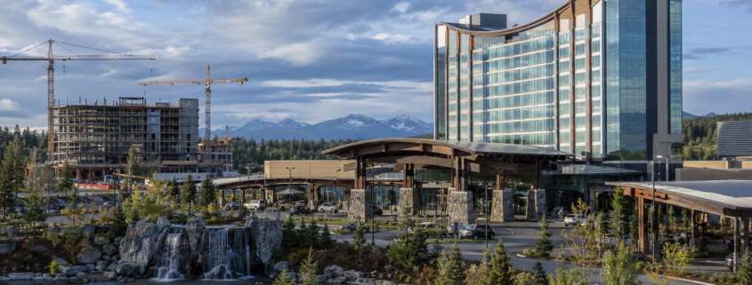 Editorial illustration of a tribal casino expansion in Washington, construction plans, and a resort property