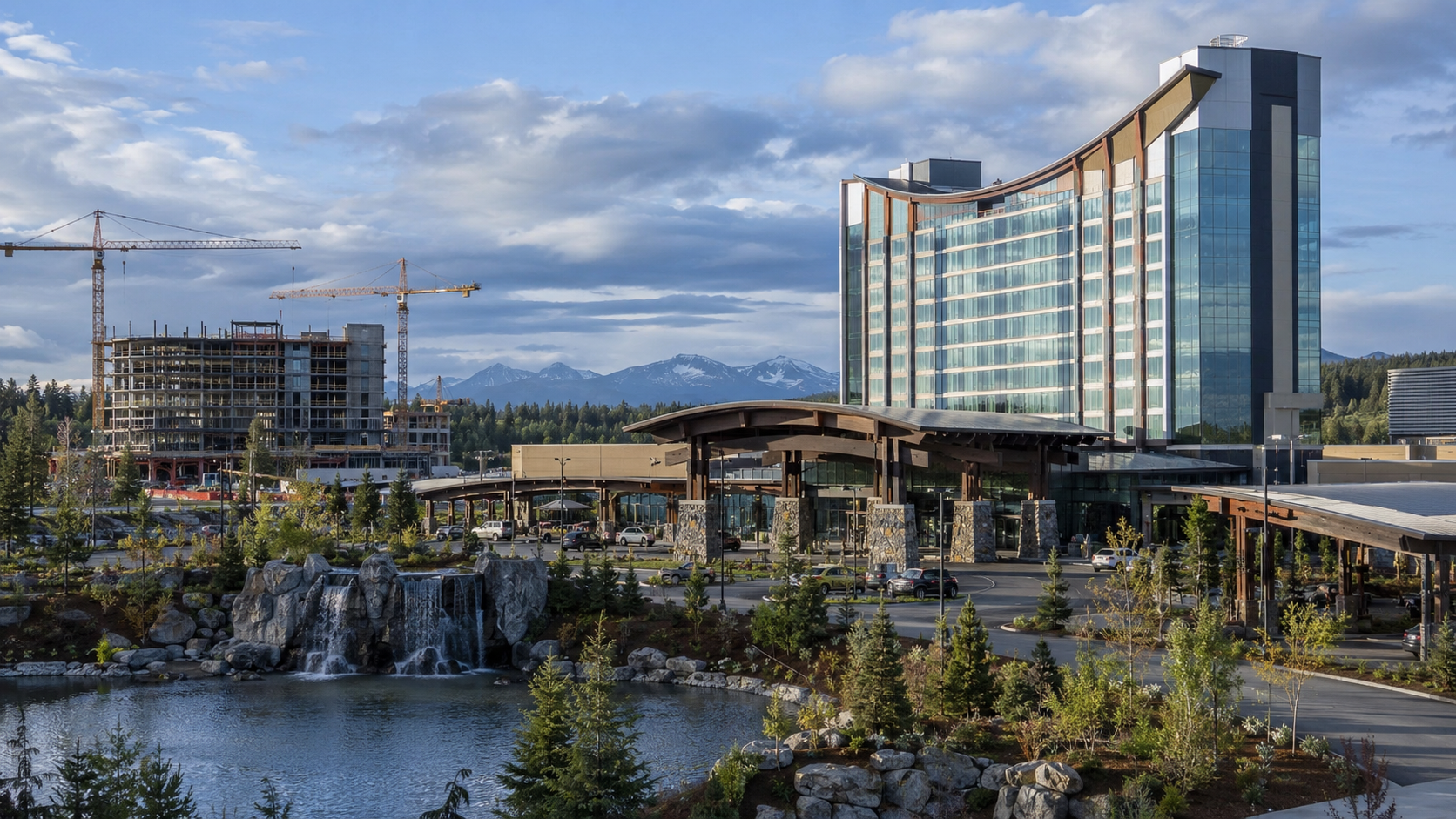 Editorial illustration of a tribal casino expansion in Washington, construction plans, and a resort property