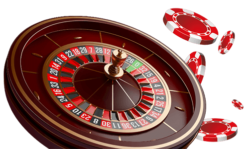 online Roulette wheel with red and white casino chips