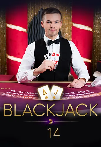 Blackjack 14 logo with white male dealer in waistcoat and bowtie